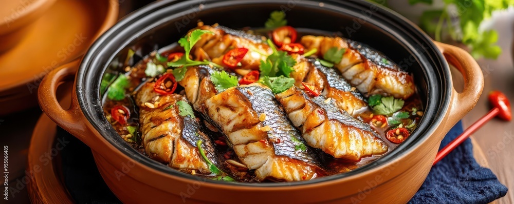 A serving of ca kho to braised fish in a clay pot, captured with warm light, ca kho to, studio lighting, braised A serving of ca kho to braised fish in a clay pot, captured with warm light, ca kho to, studio lighting, braised