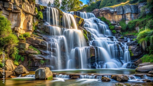 Serene waterfall cascading down the rocky mountainside, mountain, nature, landscape, scenic, beautiful, flowing, water