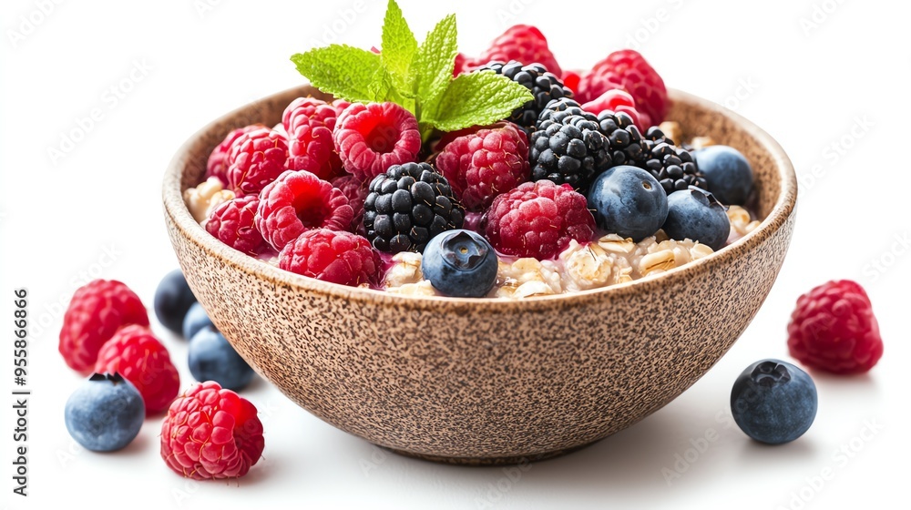 a bowl of overnight oats with fresh berries, colorful and vibrant, healthy breakfast, isolated on white background a bowl of overnight oats with fresh berries, colorful and vibrant, healthy breakfast, isolated on white background