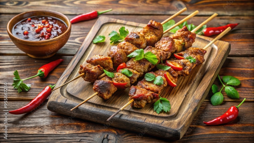 Spicy suya skewers arranged on a wooden board, suya, skewers, spicy, grilled, Nigerian, street food, barbecue, meat Spicy suya skewers arranged on a wooden board, suya, skewers, spicy, grilled, Nigerian, street food, barbecue, meat