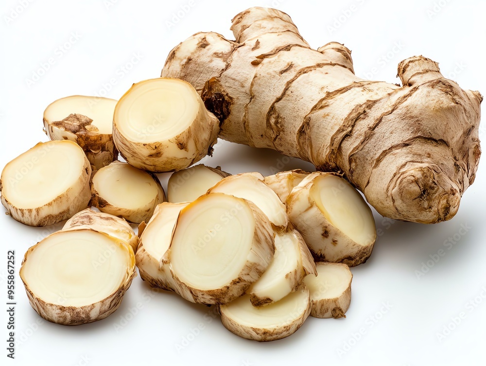 a chopped galangal root in slices, ready for cooking, pale beige tones, isolated on white background a chopped galangal root in slices, ready for cooking, pale beige tones, isolated on white background