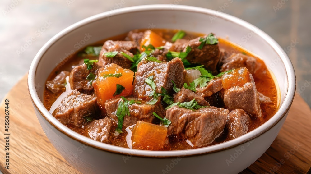 A bowl of Vietnamese beef stew bo kho under warm, ambient light, bo kho, studio lighting, beef stew A bowl of Vietnamese beef stew bo kho under warm, ambient light, bo kho, studio lighting, beef stew
