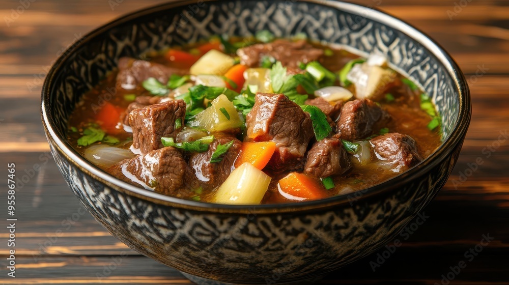 A bowl of Vietnamese beef stew bo kho under warm, ambient light, bo kho, studio lighting, beef stew A bowl of Vietnamese beef stew bo kho under warm, ambient light, bo kho, studio lighting, beef stew