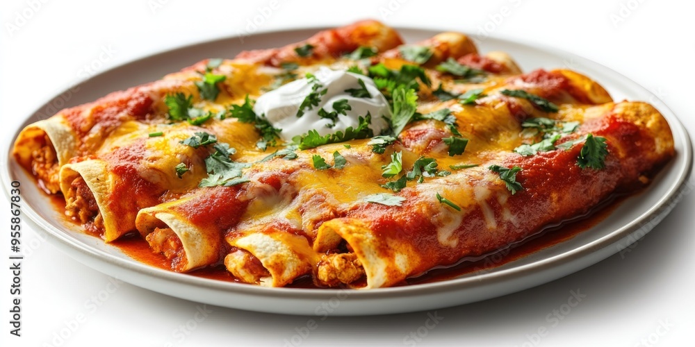 Close-up of Enchiladas Topped with Cheese, Sauce, and Cilantro Close-up of Enchiladas Topped with Cheese, Sauce, and Cilantro