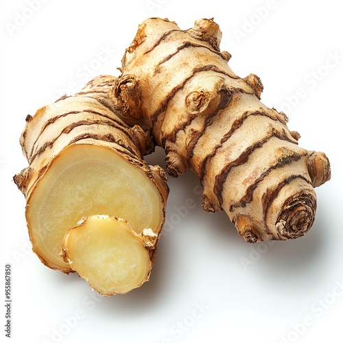 a galangal root split in half, revealing the fibrous texture, detailed and earthy, isolated on white background photo