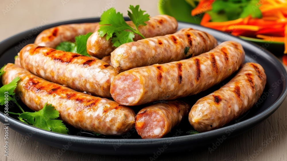 A plate of nem nuong grilled pork sausage under soft, focused light, nem nuong, studio lighting, sausage A plate of nem nuong grilled pork sausage under soft, focused light, nem nuong, studio lighting, sausage