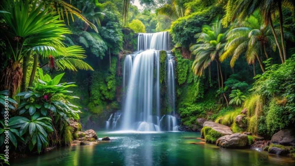 Beautiful waterfall surrounded by lush tropical plants in a humid jungle setting, waterfall Beautiful waterfall surrounded by lush tropical plants in a humid jungle setting, waterfall