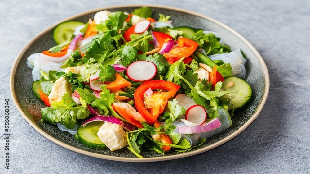 A plate of Vietnamese rice paper salad, shot with bright, natural light, rice paper salad, studio lighting, vibrant A plate of Vietnamese rice paper salad, shot with bright, natural light, rice paper salad, studio lighting, vibrant