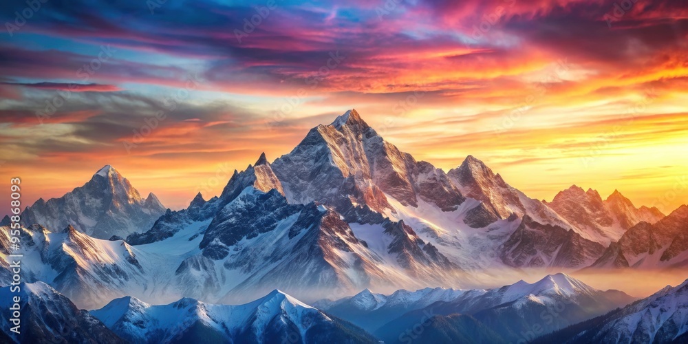 Obraz premium Sunrise over majestic mountain peaks in pastel colors, sunrise, majestic, mountain, peaks, pastels, nature, scenic