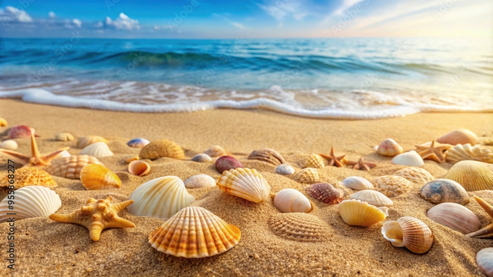 Sandy beach background with seashells scattered on the shore, summer, beach, seashells, sand, tropical, vacation, relaxation Sandy beach background with seashells scattered on the shore, summer, beach, seashells, sand, tropical, vacation, relaxation