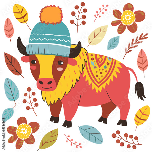 Charming Bison Sporting Knitted Hat Surrounded by Fall Foliage