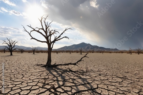 A lone, dead tree stands defiant against the vast, arid desert landscape, its branches reaching towards the endless, cloudless sky