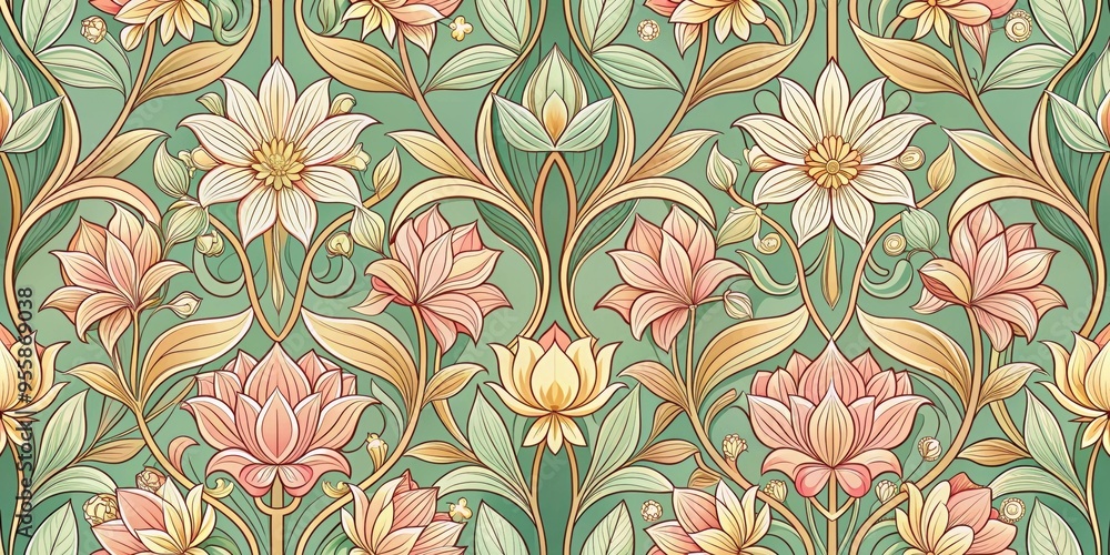 Elegant art nouveau seamless pattern with blooming blossoms, floral, nature, decorative, vintage, ornate, intricate, design Elegant art nouveau seamless pattern with blooming blossoms, floral, nature, decorative, vintage, ornate, intricate, design