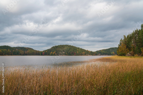 Lake Ladoga near the village Lumivaara on a sunny autumn day, Ladoga skerries, Lakhdenpokhya, Republic of Karelia, Russia