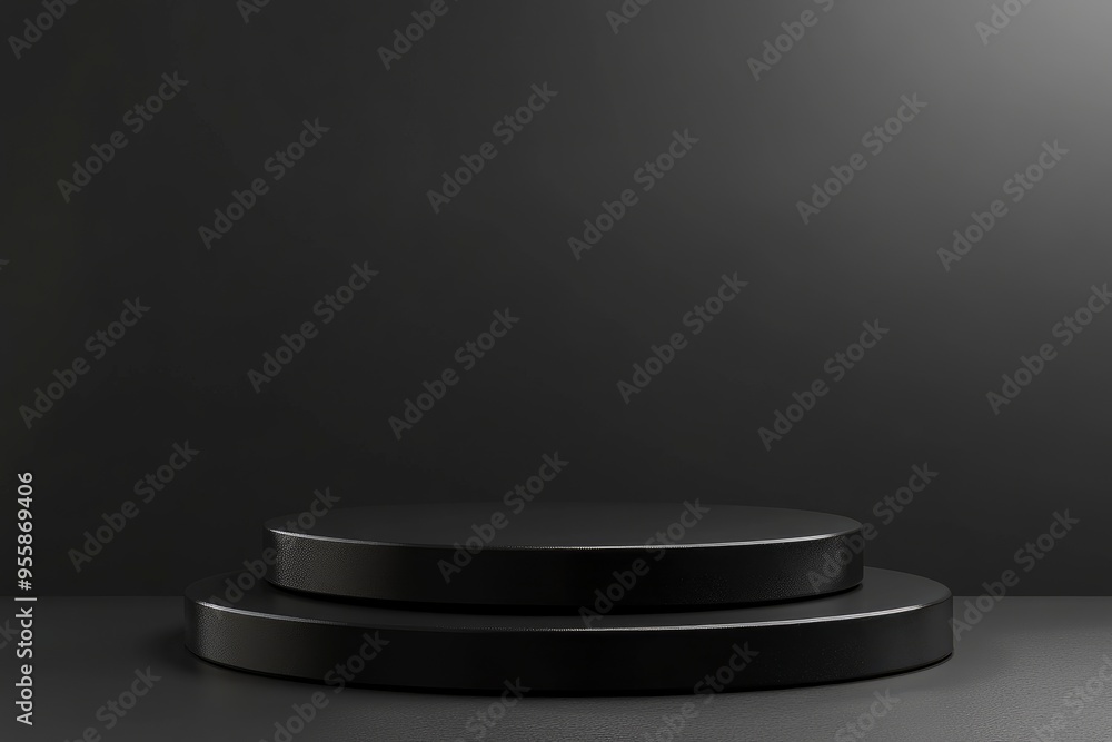 Full black podium pedestal with dark stuff for Black Friday offer presentation in 3D rendering. Elegant platform for promotional marketing discount and online shopping concept with generative ai Full black podium pedestal with dark stuff for Black Friday offer presentation in 3D rendering. Elegant platform for promotional marketing discount and online shopping concept with generative ai