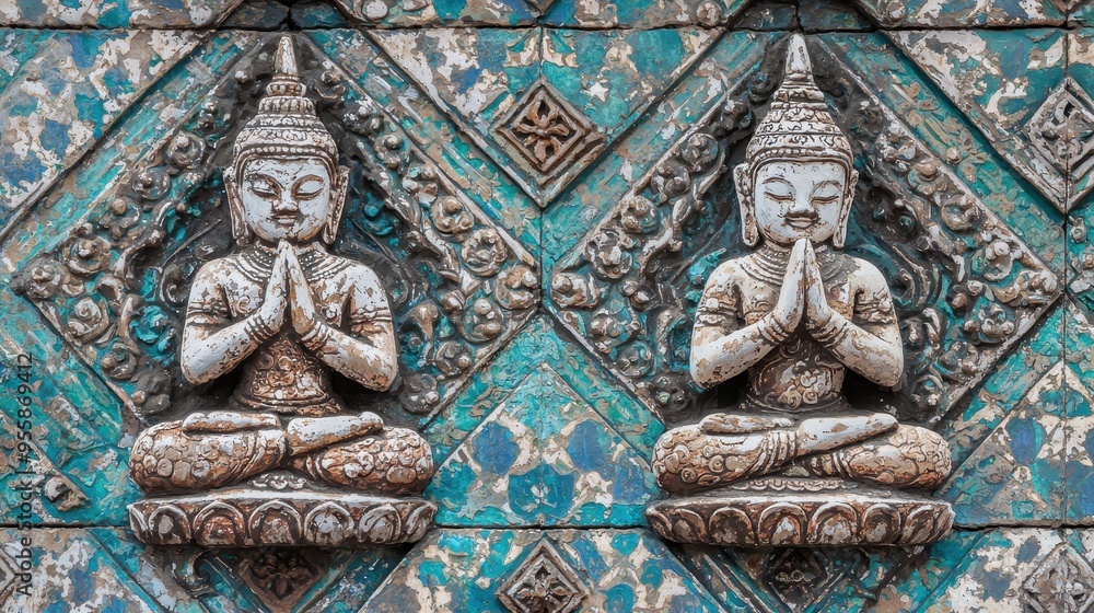 Fototapeta premium Ancient Buddhist Statues Carved into Wall with Turquoise Tiles
