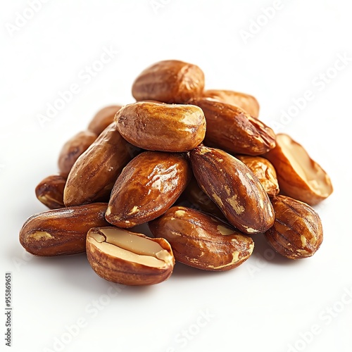 a pile of roasted peanuts with skins, hyperrealistic photography, rich brown tones, isolated on white background photo