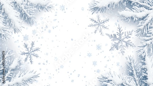 A beautiful white background featuring a snow-covered pine branch border, with delicate snowflakes falling gracefully. This image symbolizes winter, Christmas, nature, purity, and serenity, perfect fo