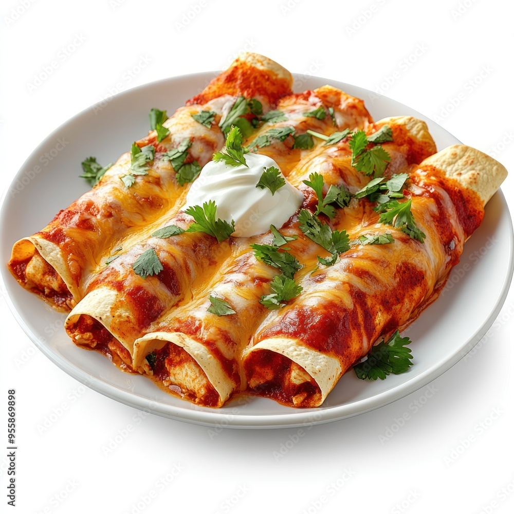 Four Enchiladas Topped with Sour Cream and Cilantro Four Enchiladas Topped with Sour Cream and Cilantro