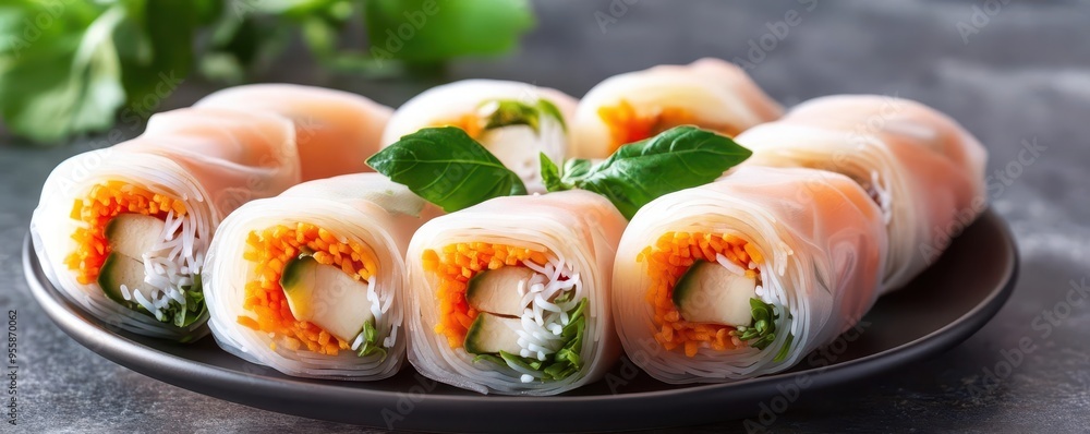 Fresh Vietnamese summer rolls, softly lit to enhance their freshness, summer rolls, studio lighting, fresh Fresh Vietnamese summer rolls, softly lit to enhance their freshness, summer rolls, studio lighting, fresh