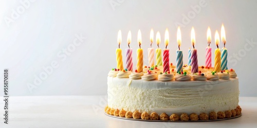 Birthday cake with lit candles on white background, birthday, cake, candles, celebration, isolated, dessert, frosting, creamy