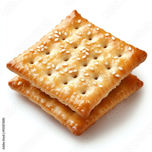 a sesame seed cracker, crunchy and textured, golden brown, isolated on white background photo