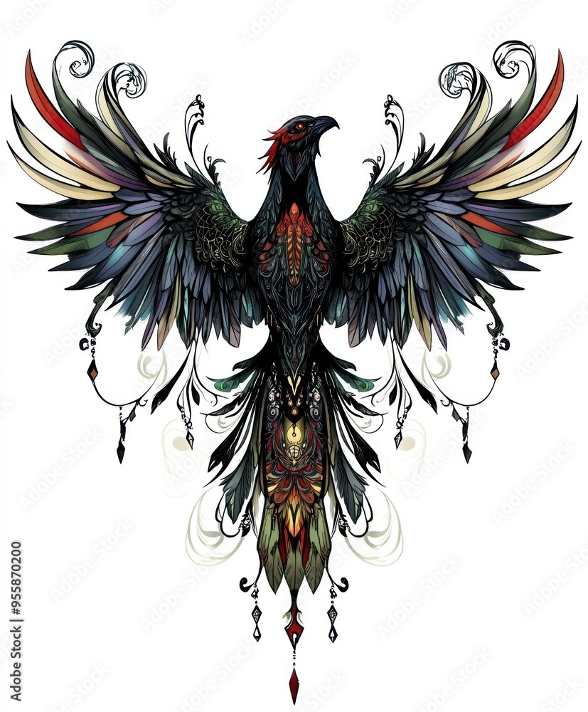 Fototapeta premium A stylized black bird with intricate feather patterns and decorative elements.