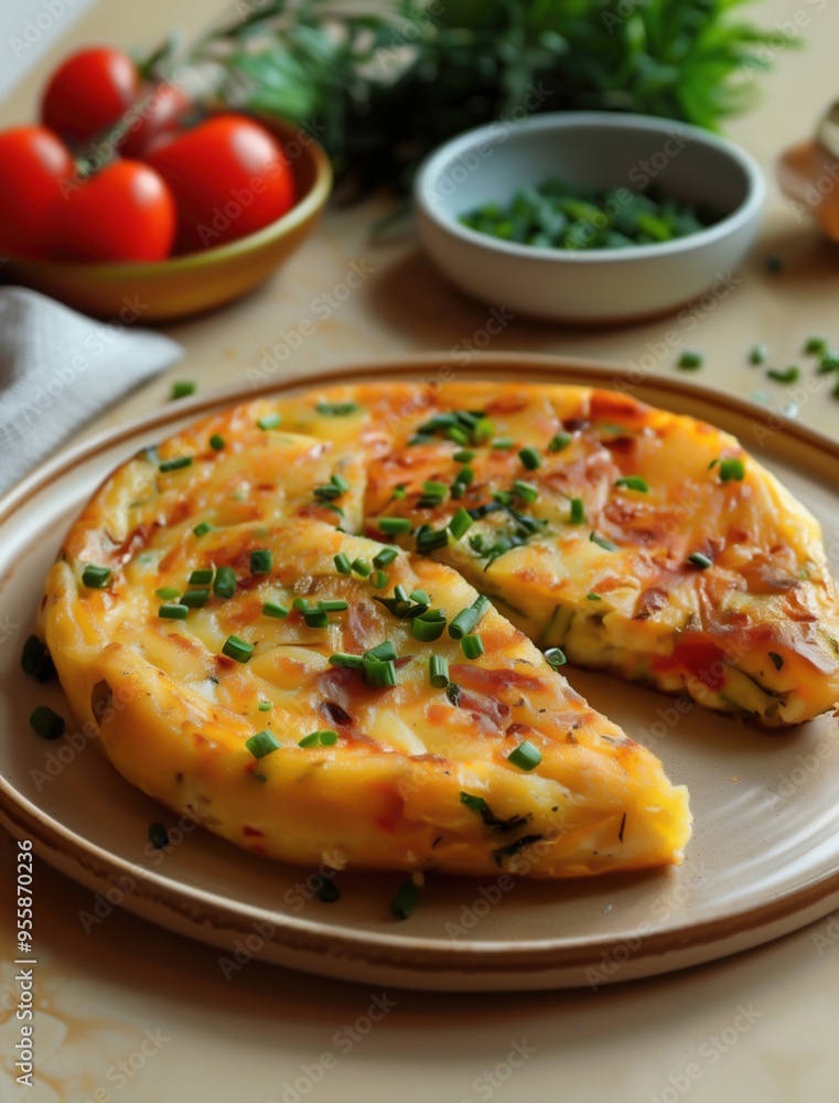 Traditional Spanish Tortilla Espanola sliced on beige paper, food photography Traditional Spanish Tortilla Espanola sliced on beige paper, food photography