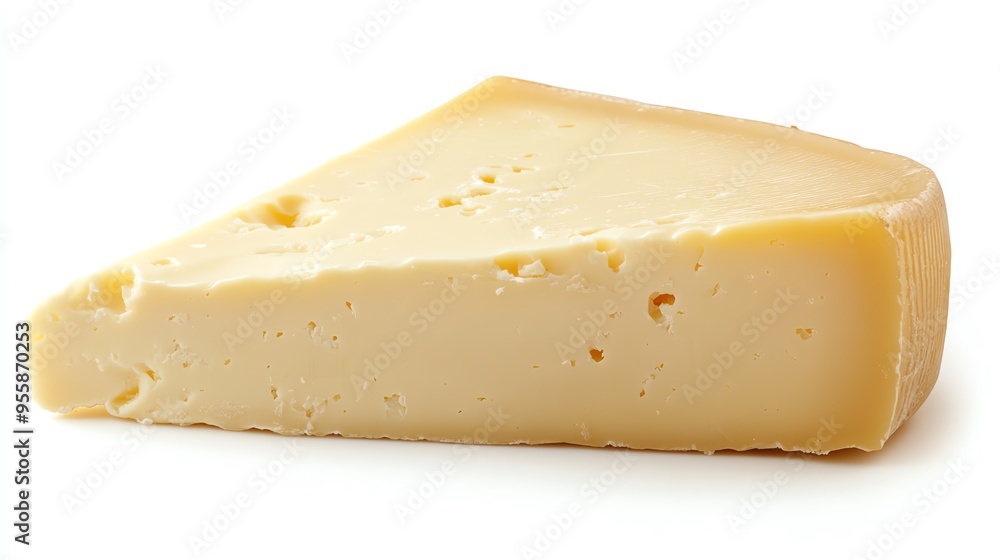 a slice of provolone cheese with a slight curl, smooth and creamy, light yellow tones, isolated on white background a slice of provolone cheese with a slight curl, smooth and creamy, light yellow tones, isolated on white background