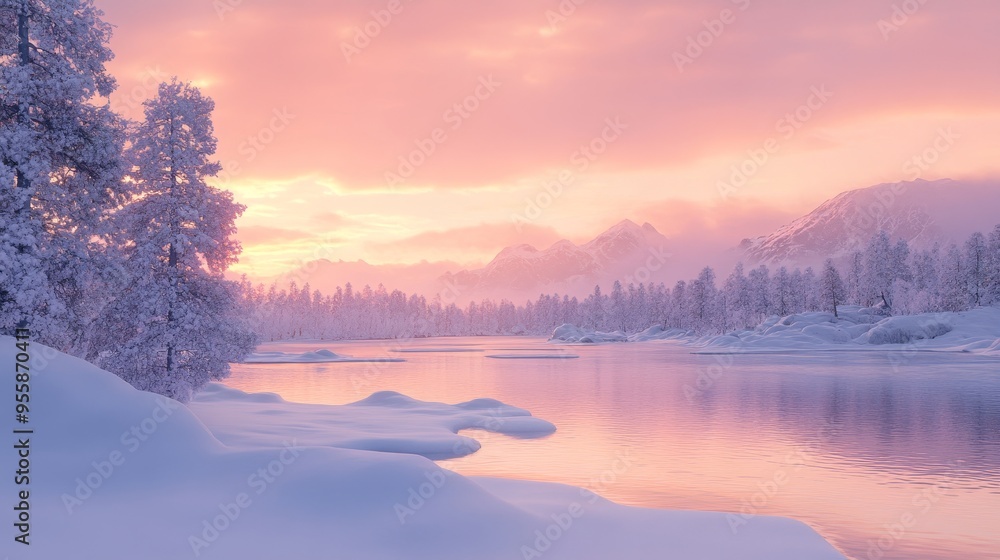 Fototapeta premium A breathtaking sunrise illuminates a snow-covered landscape with a tranquil lake reflecting the vibrant pink sky, creating a scene of serenity and beauty. The frosted trees and distant mountains add d