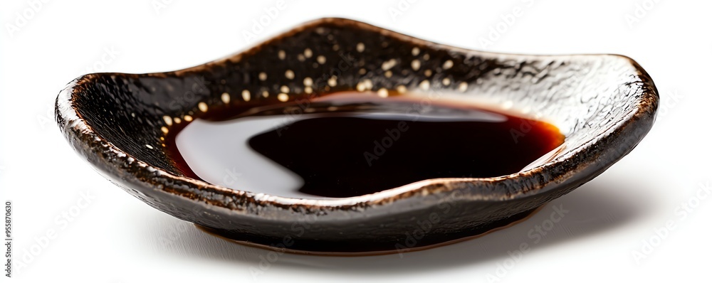 a soy sauce brushstroke on a plate, artistic and abstract, dark and glossy, isolated on white background a soy sauce brushstroke on a plate, artistic and abstract, dark and glossy, isolated on white background