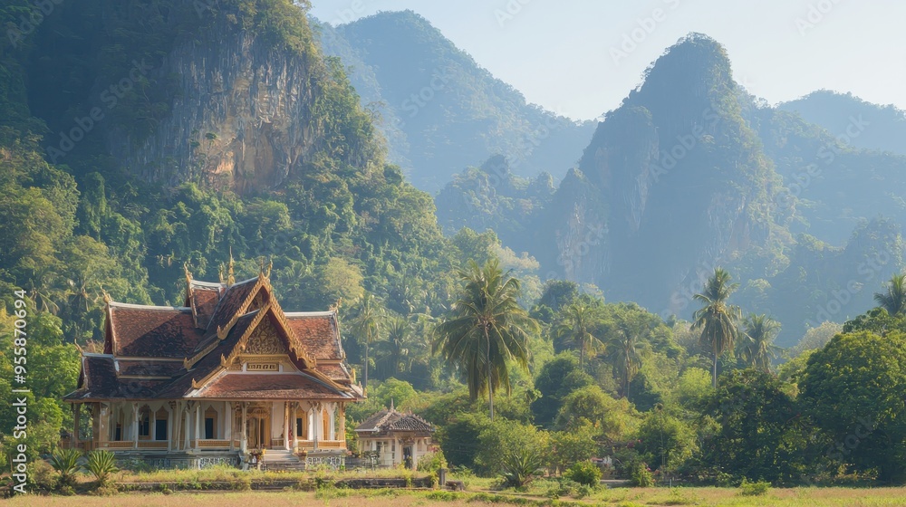Traditional Buddhist Temple in Lush Green Jungle with Majestic Mountains in the Background Traditional Buddhist Temple in Lush Green Jungle with Majestic Mountains in the Background