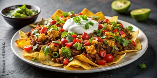 Plate of loaded nachos with cheese, meat, guacamole, salsa, and sour cream on a dark background, nachos, plate, top view