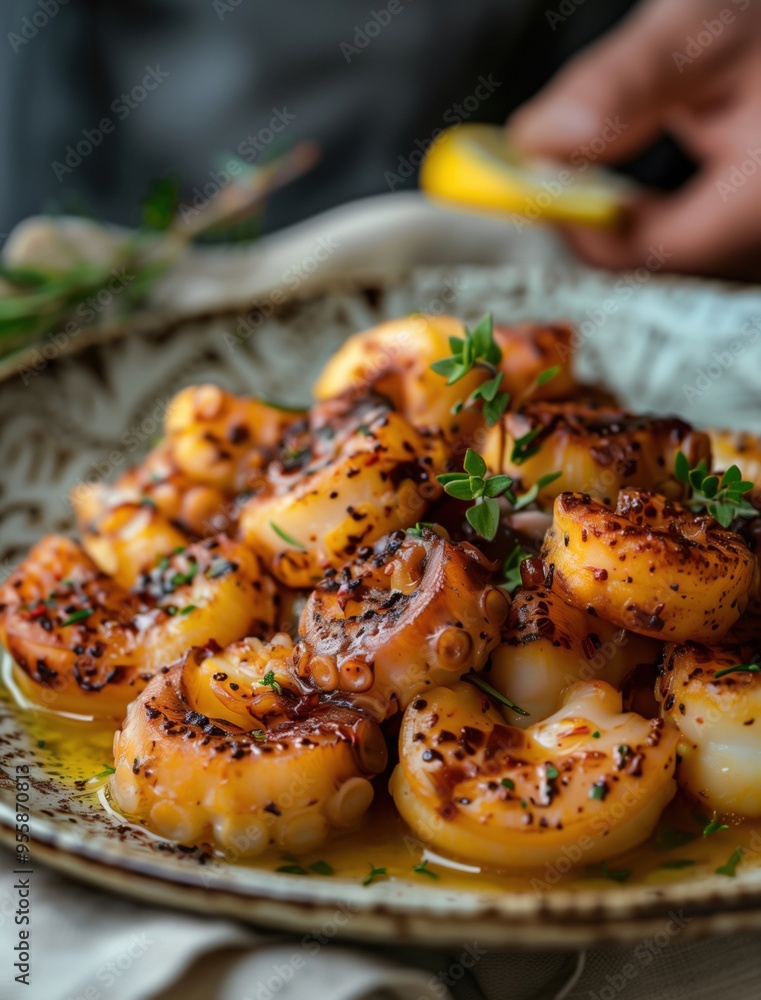 Close up of Pulpo a la Gallega, Traditional Spanish Octopus Dish with Olive Oil Close up of Pulpo a la Gallega, Traditional Spanish Octopus Dish with Olive Oil