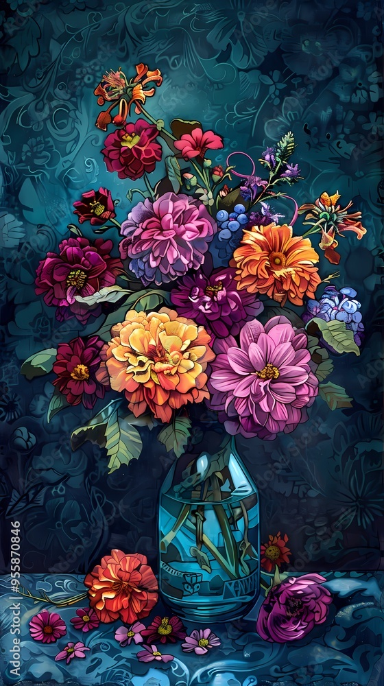 Retro colorful bunch of flowers is sitting in a vase illustration poster background Retro colorful bunch of flowers is sitting in a vase illustration poster background