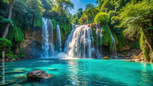 Impressive waterfall cascading into a turquoise lagoon , waterfall, lagoon, turquoise, nature, outdoor, landscape