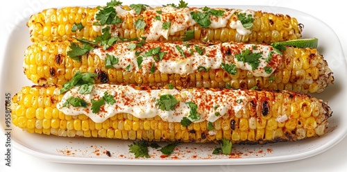 Grilled Corn on the Cob with Cilantro, Crema, and Chili Powder