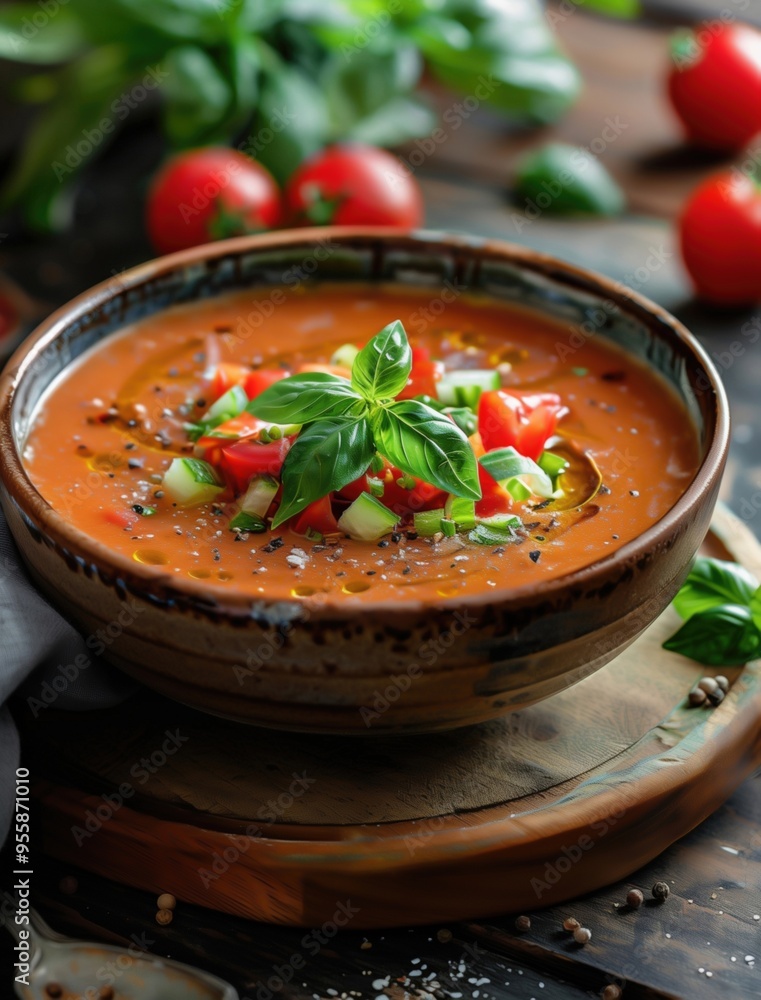 Close up of Gazpacho soup with fresh herbs on rustic wooden background Close up of Gazpacho soup with fresh herbs on rustic wooden background