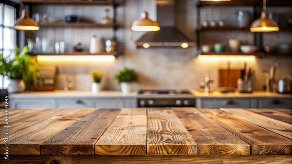 Bar table on wooden surface with blurred kitchen background, empty kitchen surface in foreground, bar, table, wooden, surface Bar table on wooden surface with blurred kitchen background, empty kitchen surface in foreground, bar, table, wooden, surface