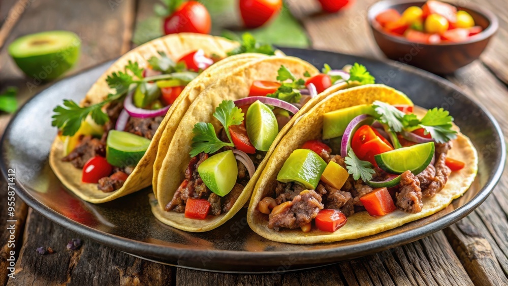 Delicious Mexican tacos with beef, tomatoes, avocado, chili, and onions on a plate, Mexican, tacos, beef, tomatoes, avocado Delicious Mexican tacos with beef, tomatoes, avocado, chili, and onions on a plate, Mexican, tacos, beef, tomatoes, avocado