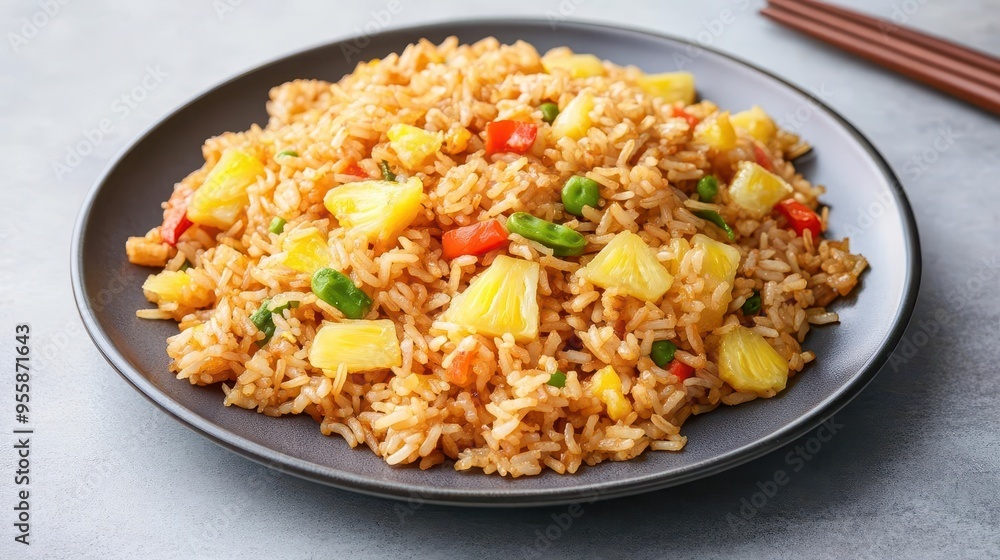 A plate of Thai pineapple fried rice, brightly illuminated to showcase the vibrant colors, pineapple fried rice, studio lighting, vibrant A plate of Thai pineapple fried rice, brightly illuminated to showcase the vibrant colors, pineapple fried rice, studio lighting, vibrant