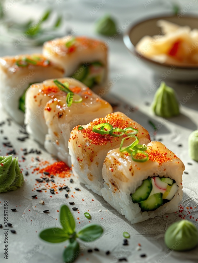 Elegant Dancing Eel Roll sushi with avocado and cucumber on a light-colored dish Elegant Dancing Eel Roll sushi with avocado and cucumber on a light-colored dish