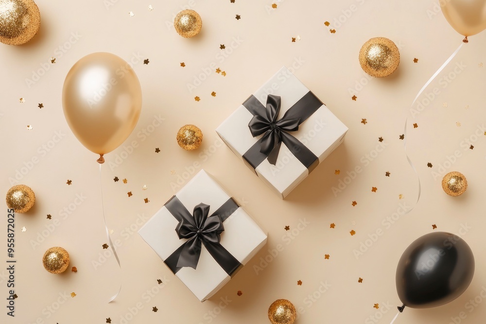 Obraz premium Gift boxes with balloons and confetti on beige background. Black Friday sale with generative ai