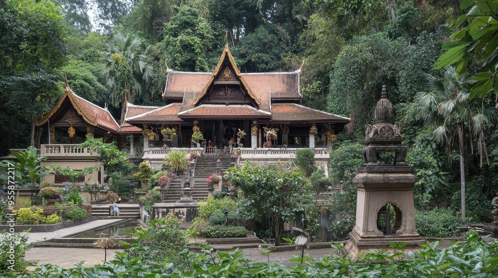 Traditional Thai Temple in Lush Jungle Setting Traditional Thai Temple in Lush Jungle Setting