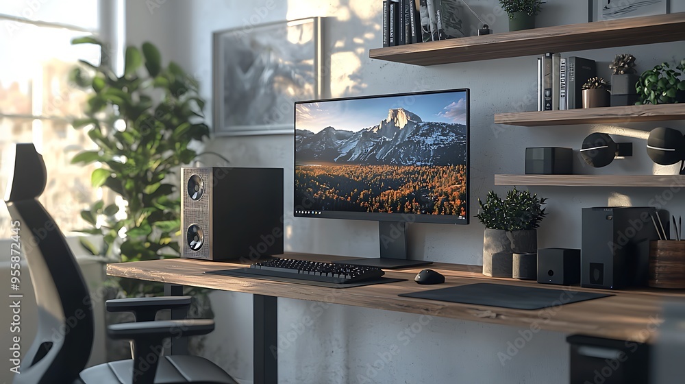A sleek home office setup with a computer displaying a mountain view, blending work with a touch of nature�s beauty. A sleek home office setup with a computer displaying a mountain view, blending work with a touch of nature�s beauty.