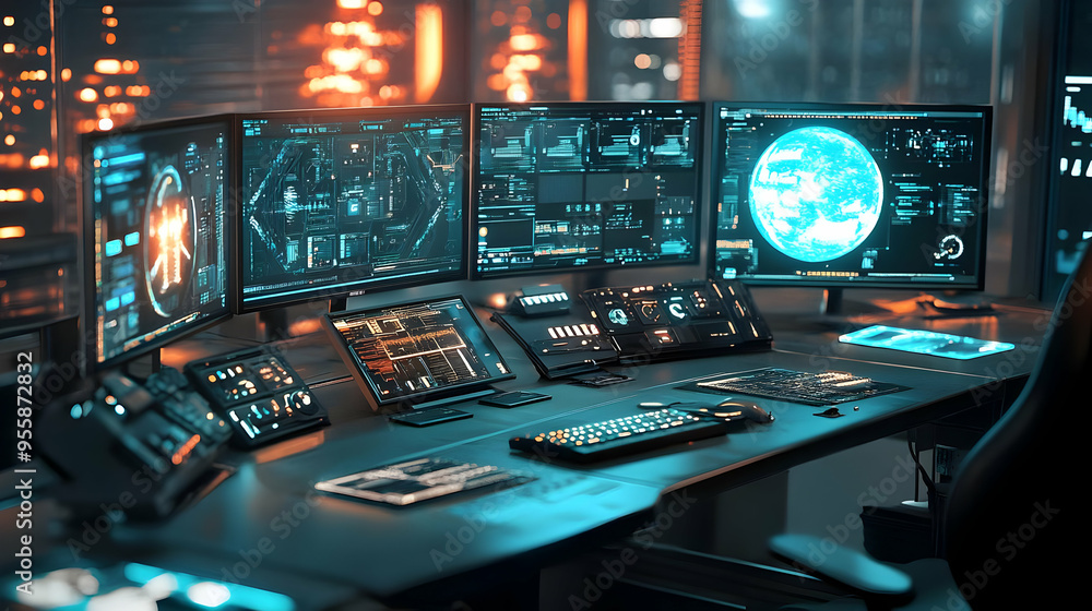 Futuristic Workstation with Multiple Monitors and Data Displays - 3D Illustration Futuristic Workstation with Multiple Monitors and Data Displays - 3D Illustration