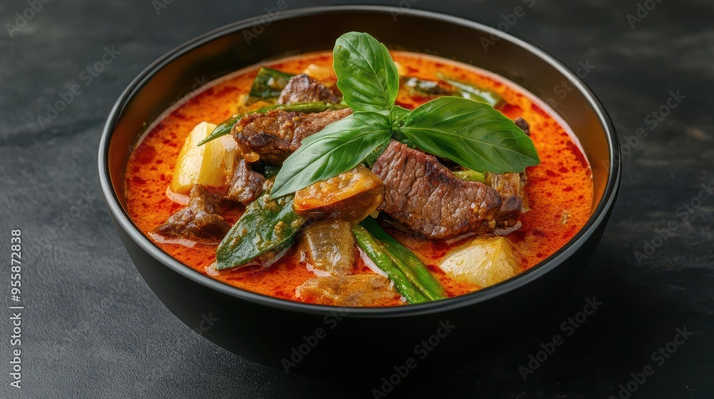 A bowl of Thai red curry with beef, brightly lit to enhance the rich colors, red curry, studio lighting, beef A bowl of Thai red curry with beef, brightly lit to enhance the rich colors, red curry, studio lighting, beef