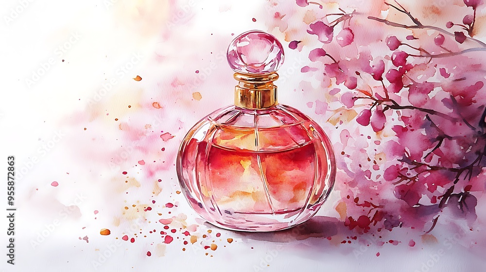 A watercolor painting of a perfume bottle accented with pink flowers, blending fragrance with art. A watercolor painting of a perfume bottle accented with pink flowers, blending fragrance with art.