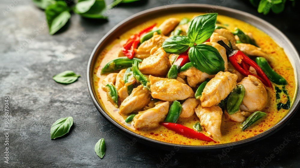 A plate of spicy Thai green curry with chicken, illuminated with warm studio lighting, Thai green curry, studio lighting, warm A plate of spicy Thai green curry with chicken, illuminated with warm studio lighting, Thai green curry, studio lighting, warm