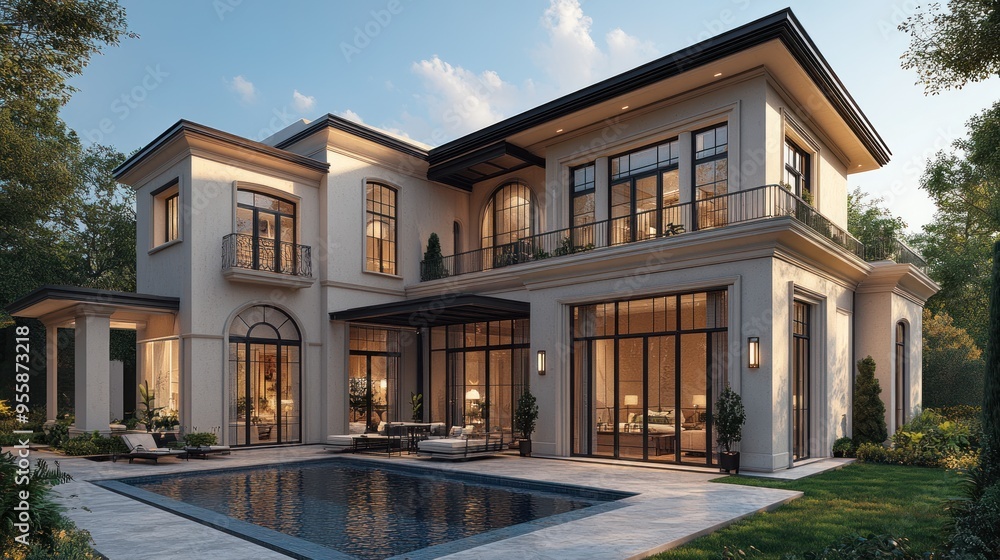 Fototapeta premium Modern luxury home with pool surrounded by greenery.